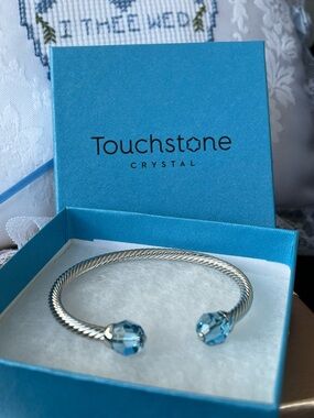 Swarovski TSC Aquamarine Twisted Silver Open Cuff Bracelet
